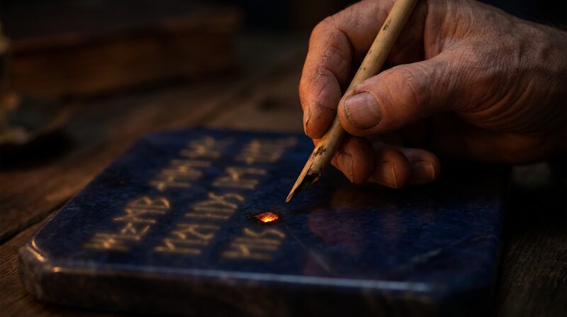 Mano de un escriba sobre una tabla de piedra, la letra incompleta