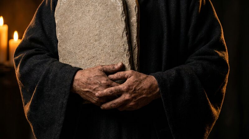 Manos envejecidas sosteniendo tablas de piedra contra el pecho