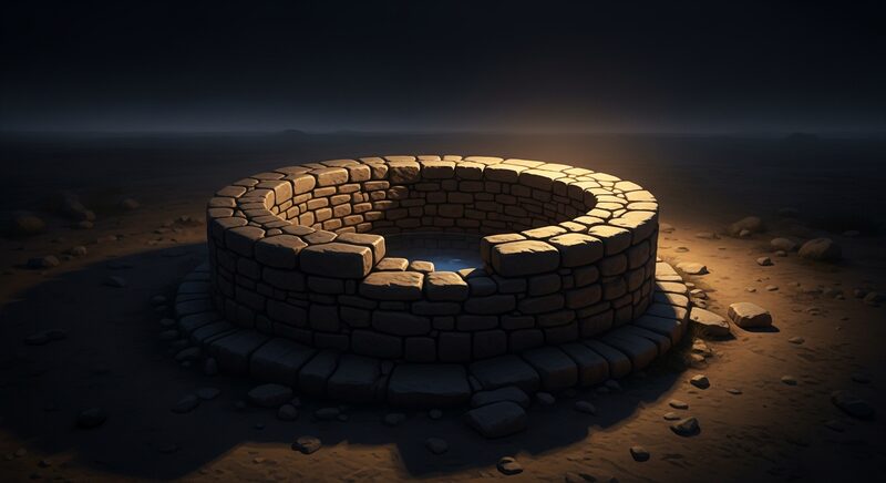 Un pozo de piedra en el desierto bajo un cielo nocturno, agua reflejando la luna