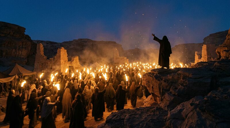 Multitud reunida al atardecer con antorchas alrededor de una figura que los arenga