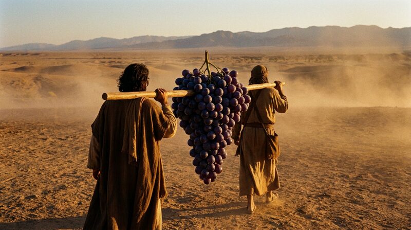 Dos exploradores cargando un racimo de uvas gigante por el desierto al atardecer