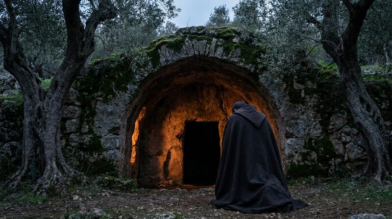 Figura solitaria en oración ante una cueva antigua en Jevrón
