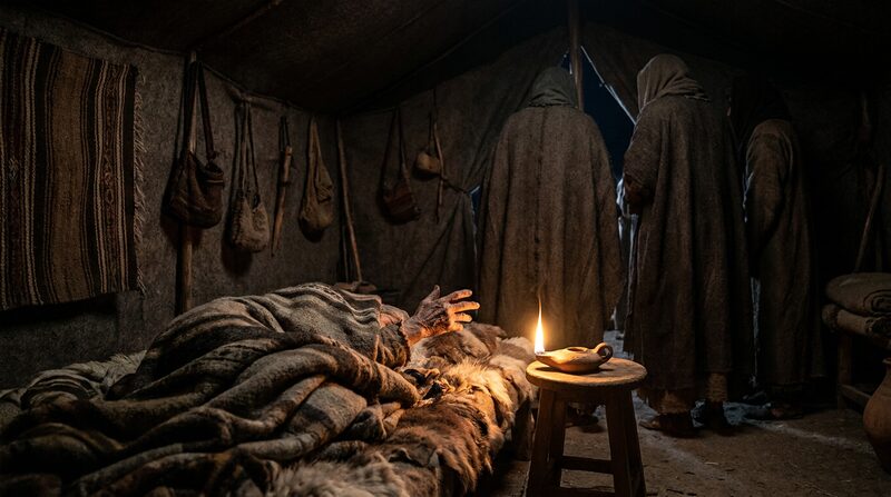 Interior de una tienda en penumbra con una mano anciana extendida desde el lecho hacia siluetas de espaldas