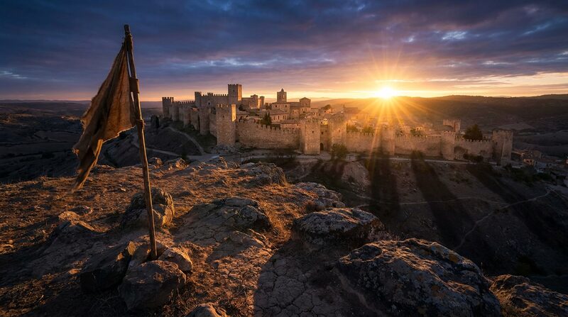Ciudad amurallada antigua al amanecer vista desde una colina, con un estandarte clavado en primer plano